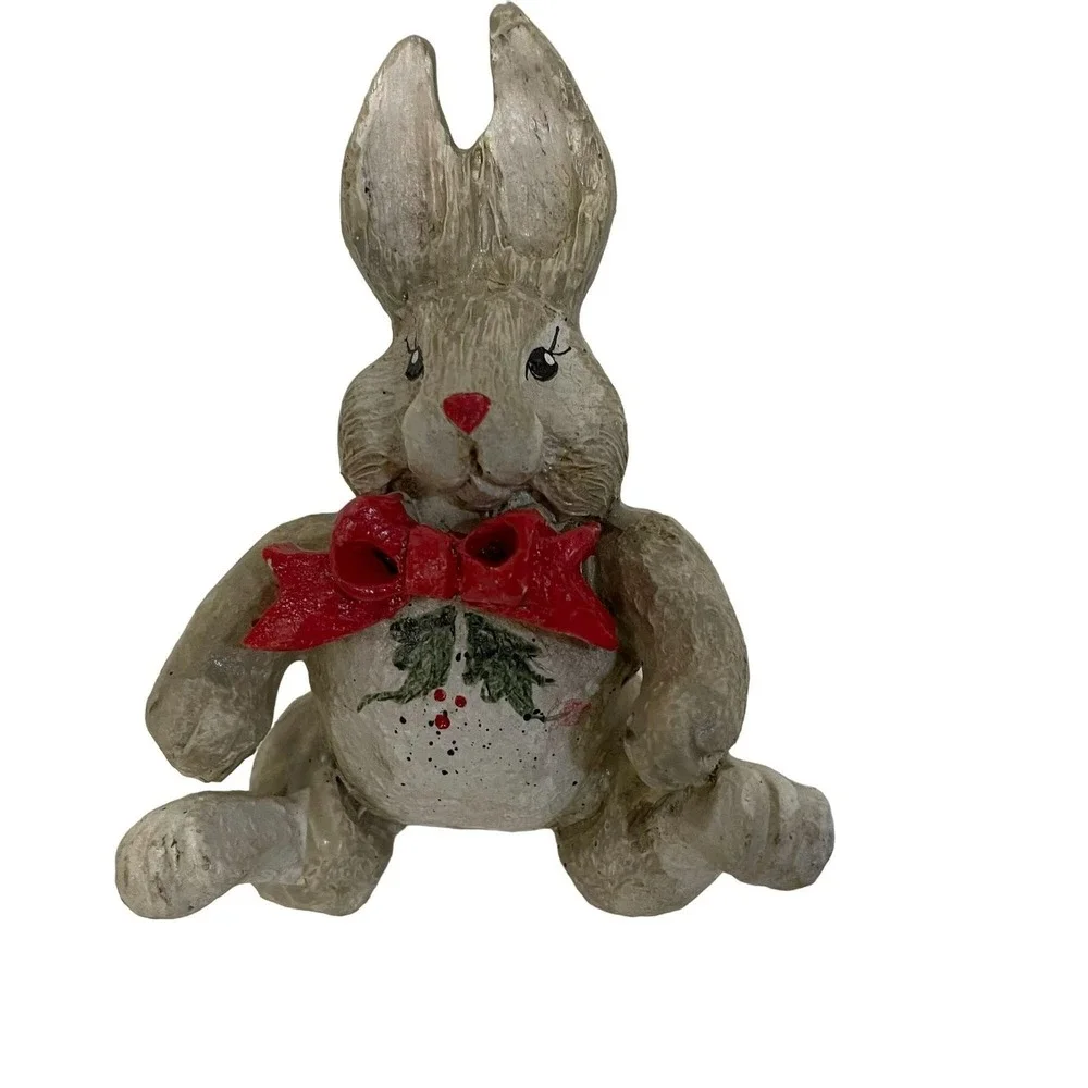 Unbranded Bunny Rabbit Figurine Unisex Small Tan Christmas Bow Holly Resin Decor